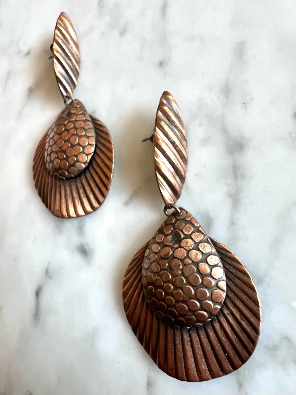 Vintage Art Deco Copper Drop Earrings 80s Fashion Jewelry